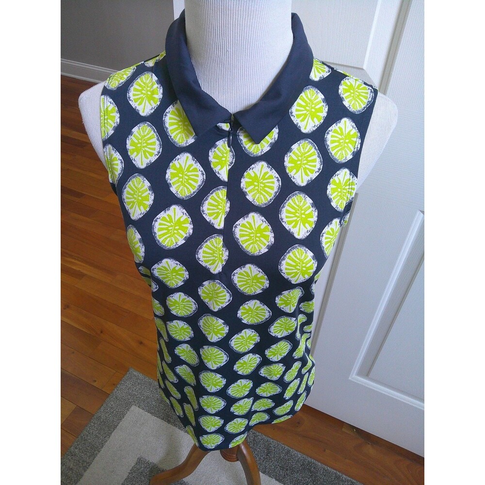 TOMMY BAHAMA Navy Blue Collared  Sleeveless Polo  1/4 Zip Green Leaf Design SM